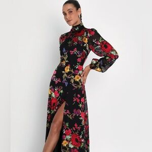 Lulu's Graceful Arrival Black Floral Backless Maxi Dress